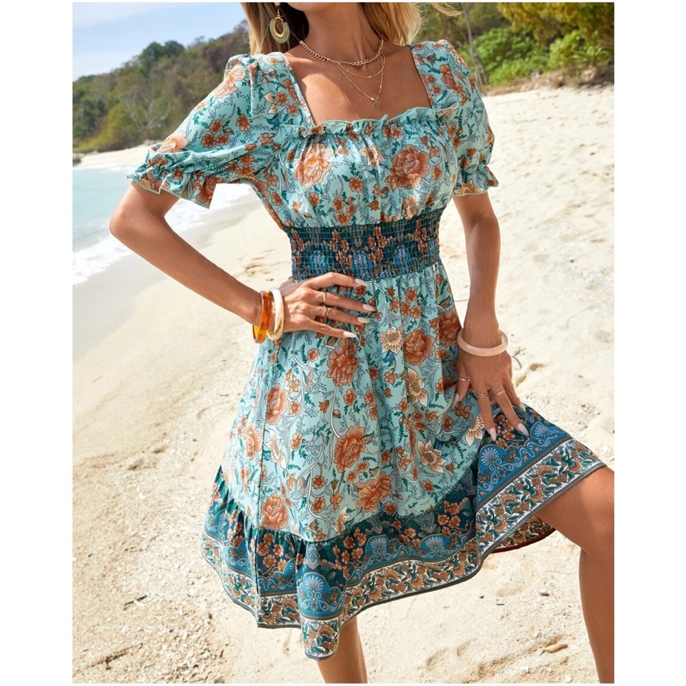 Boho Floral Print Puff Sleeve Mini Dress - Picture 2 of 5